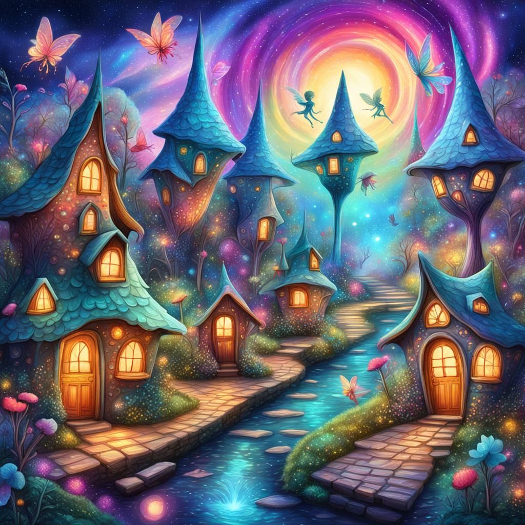 Fairy Houses and Dancing Fairies by Pablo Amaringo