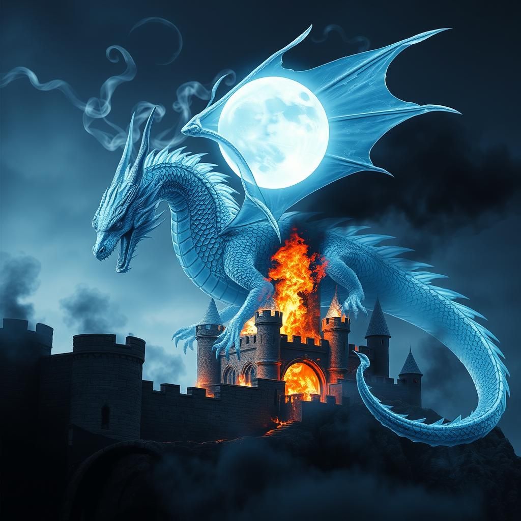 Ethereal Dragon Over Burning Castle in Photomontage Style