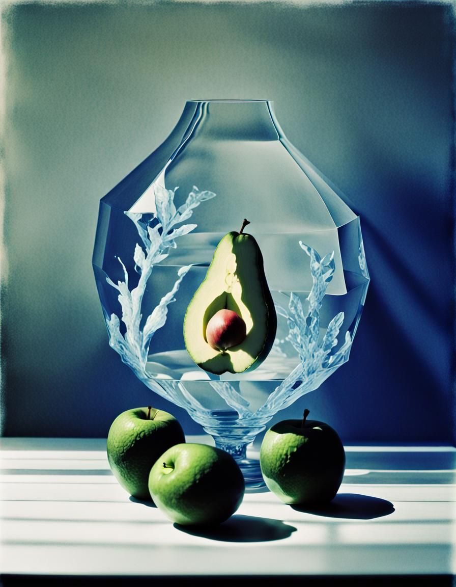 Crystal Avocado Still Life in Double Exposure Style