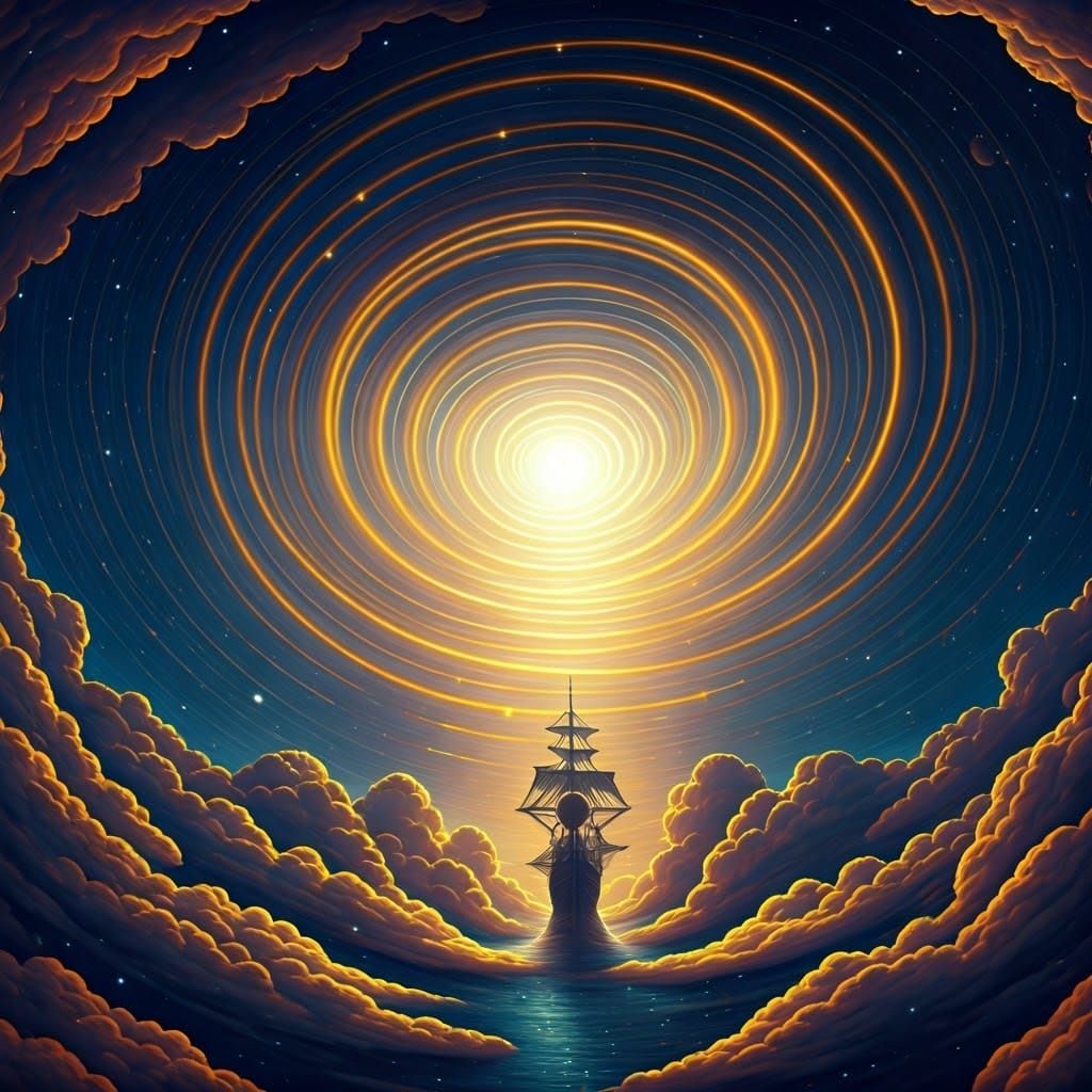 Ship Sails Through a Universe Tornado, Art Nouveau Style