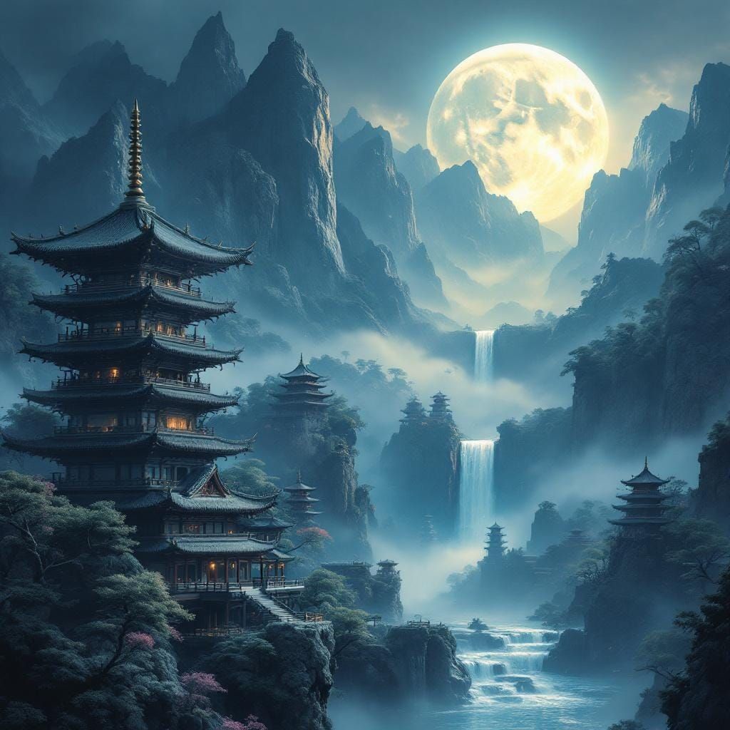 Mystical Landscape with Pagoda in Digital Painting
