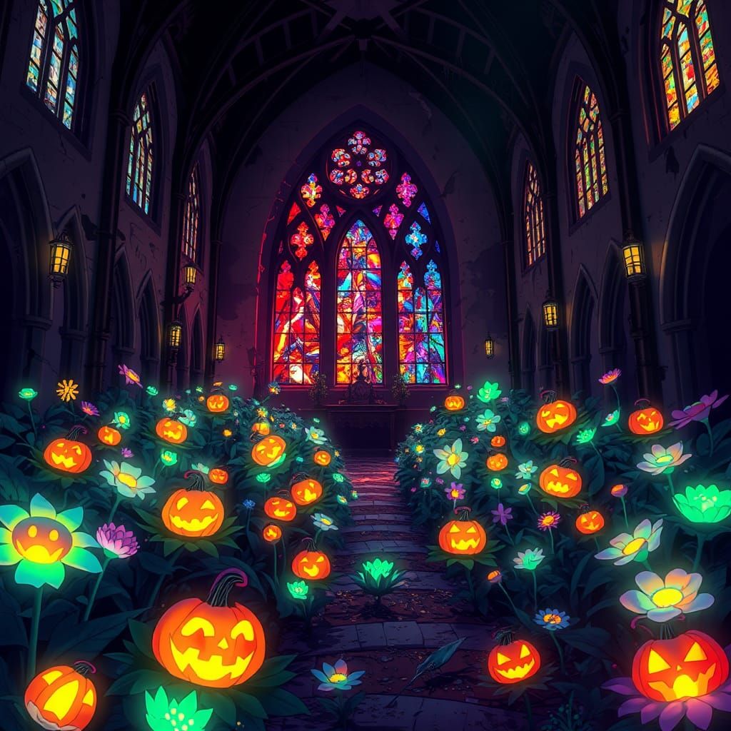 Bioluminescent Halloween Garden in Anime Style