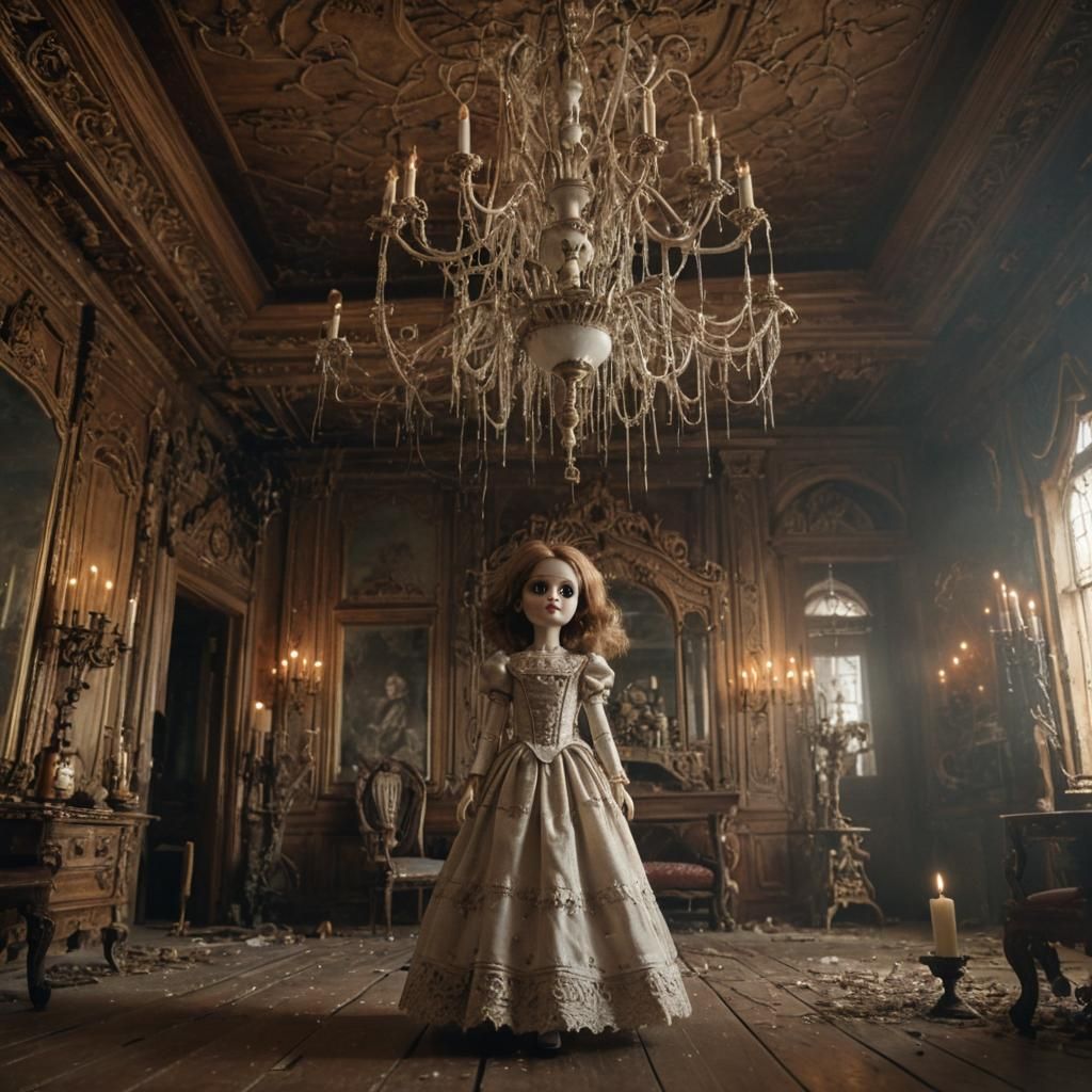 Ornate Dollhouse Ballroom with Porcelain Doll