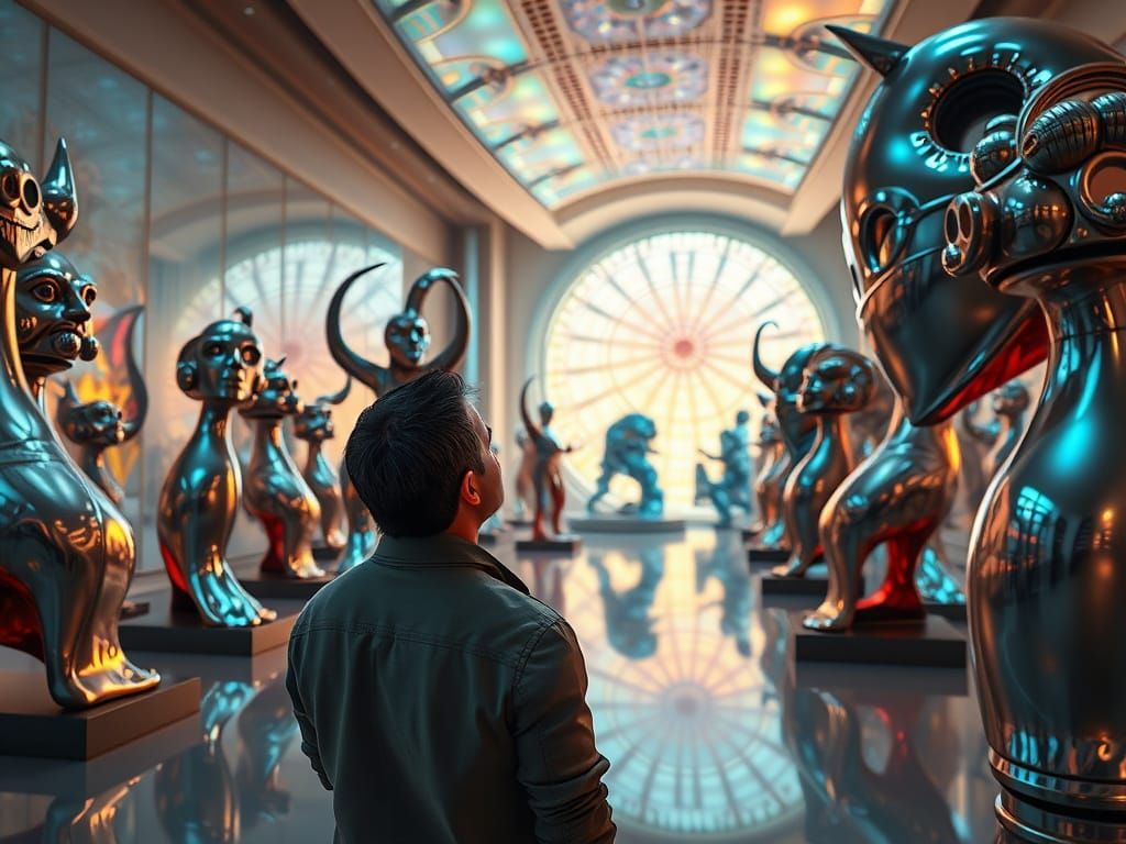 Futuristic Art Deco Museum of Abstract Forms and Shiny Metal...