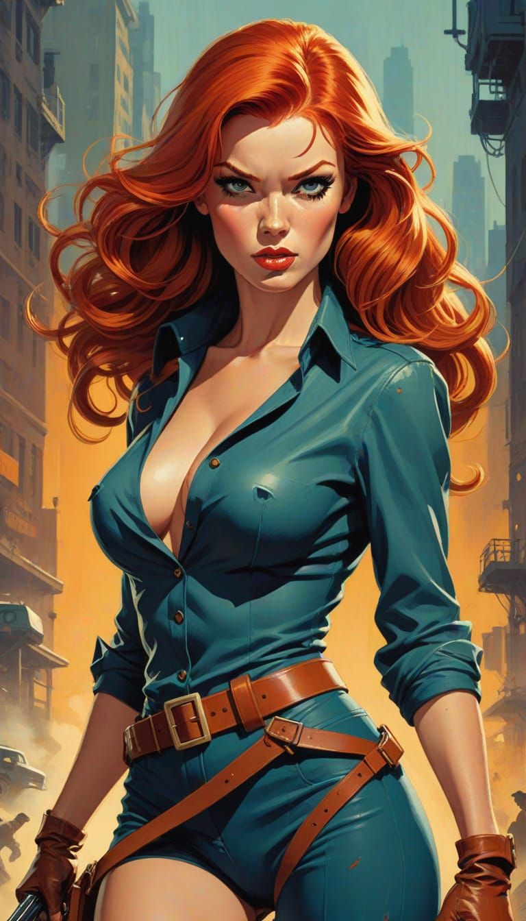 Redhead Action Heroine in Vintage Pulp Art Style