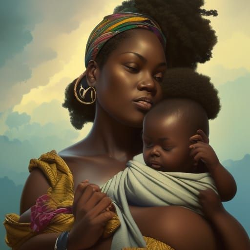 African Woman and Baby Portrait in Hyperdetailed Style