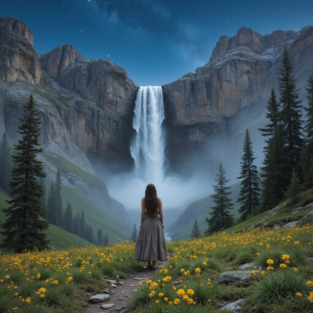 Waterfall Landscape with Serene Woman, Romantic Painting