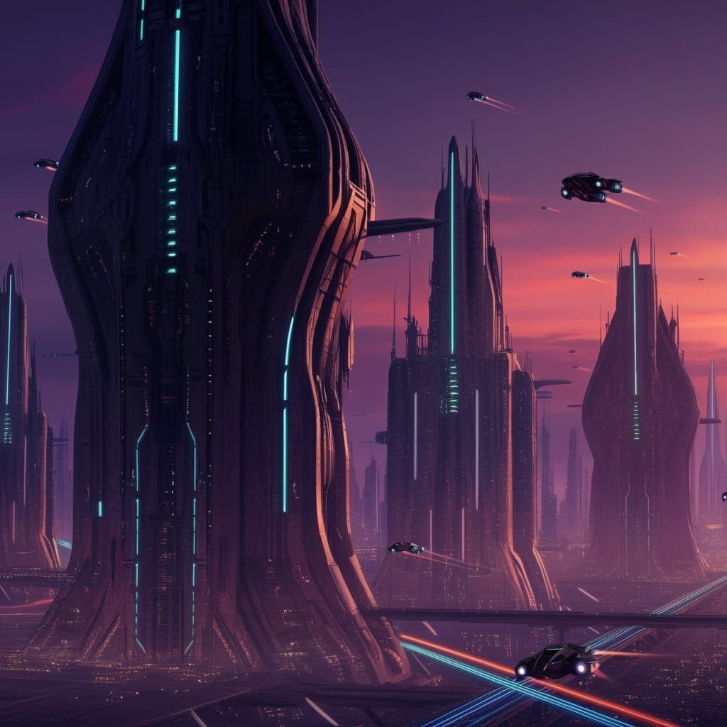Futuristic Cityscape with Flying Cars and Neon Lights