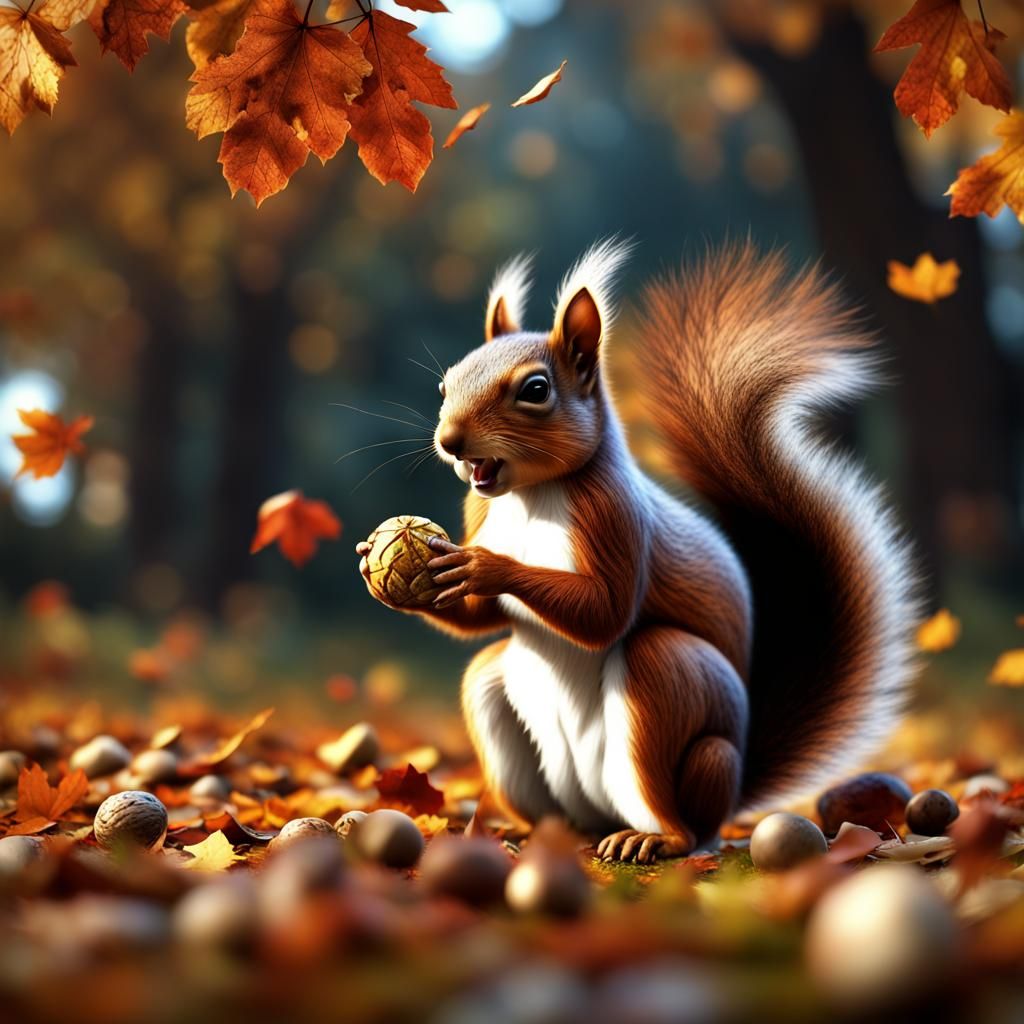 Squirrel Enjoying Autumn Feast: Detailed Matte Painting