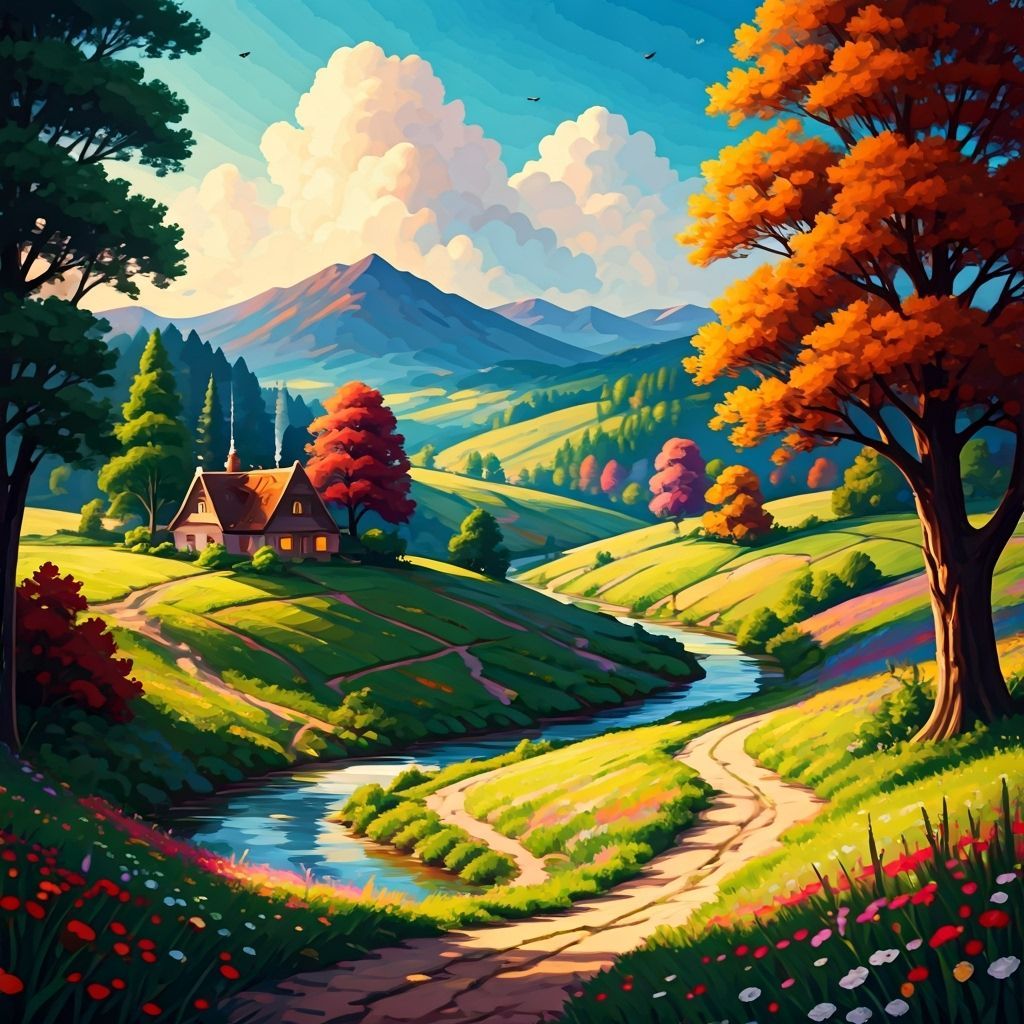 Whimsical Emerald Hills Landscape with Cozy Cottage