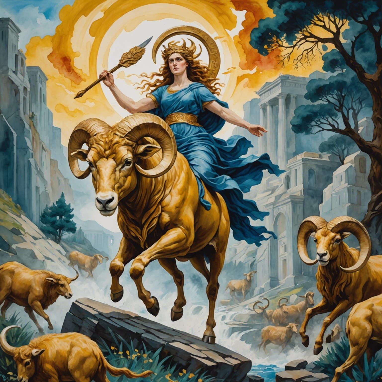 Helle's Tragic Fall: Gouache and Watercolor Masterpiece