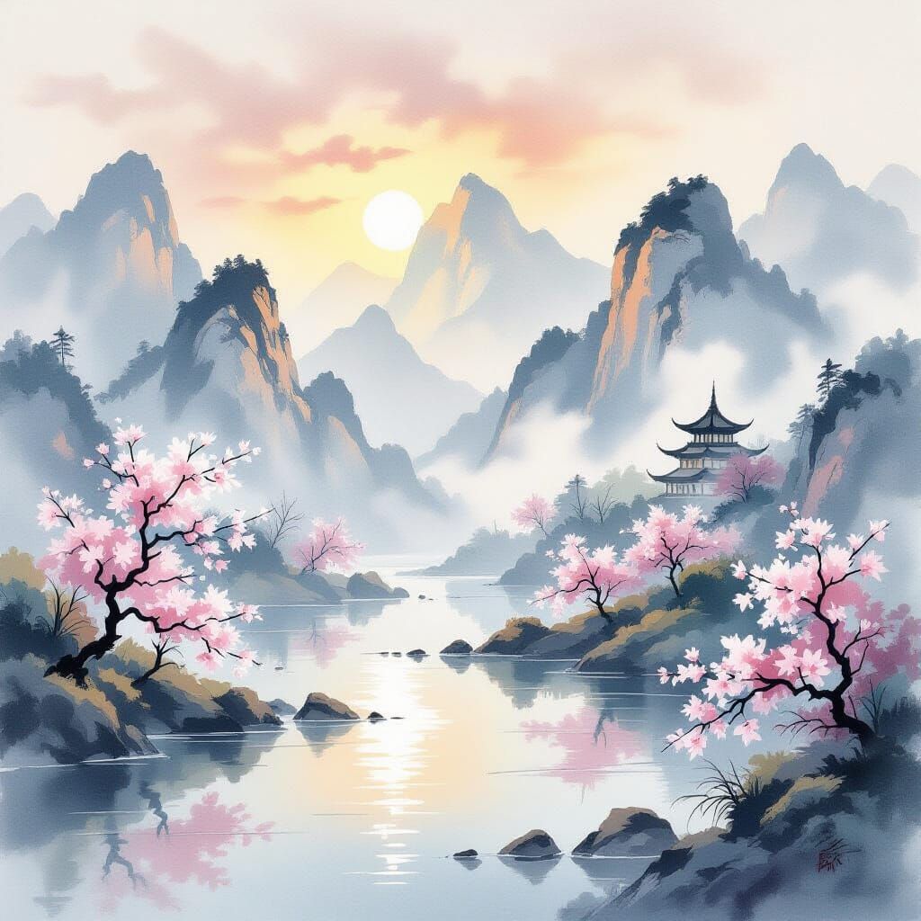 Serene Mountain Range in Chinese Watercolor Style