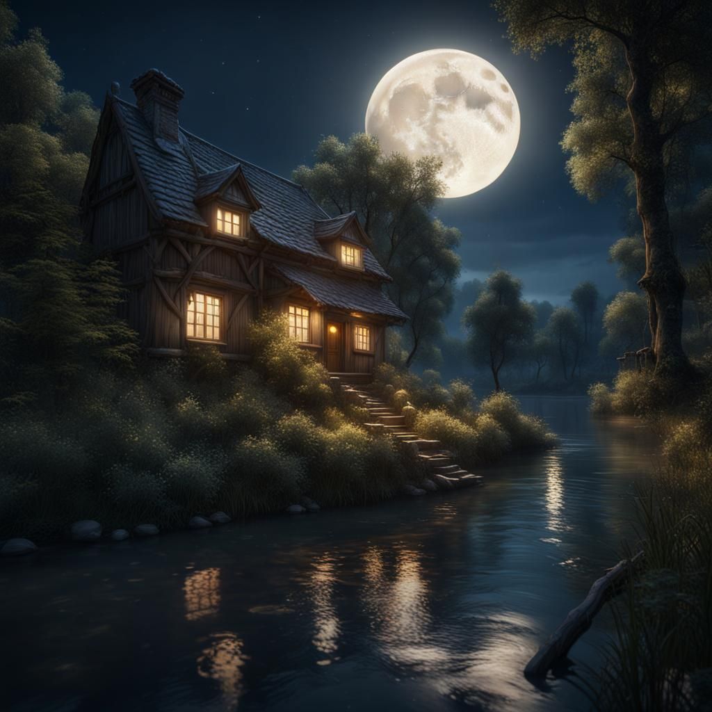 Moonlit River Landscape in Detailed Matte Painting Style