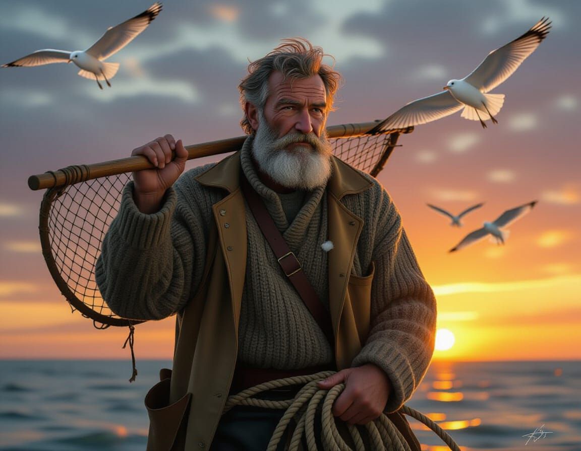 Rugged Fisherman with Net at Sunset, Fantasy Concept Art