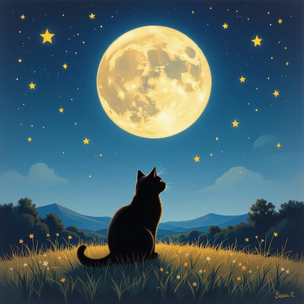 Black Cat Gazes at Moonlit Sky with Luminous Stars