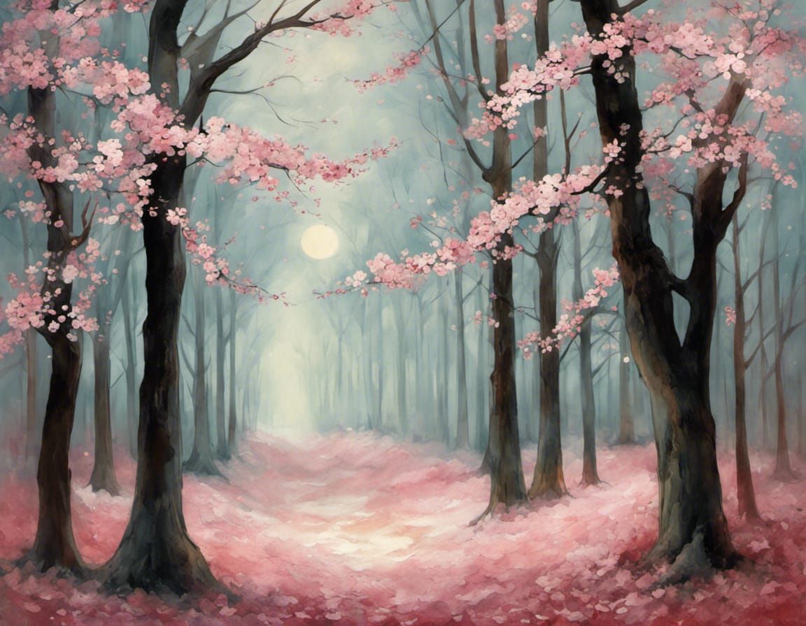 Cherry Blossom Woodland in Surrealist Style