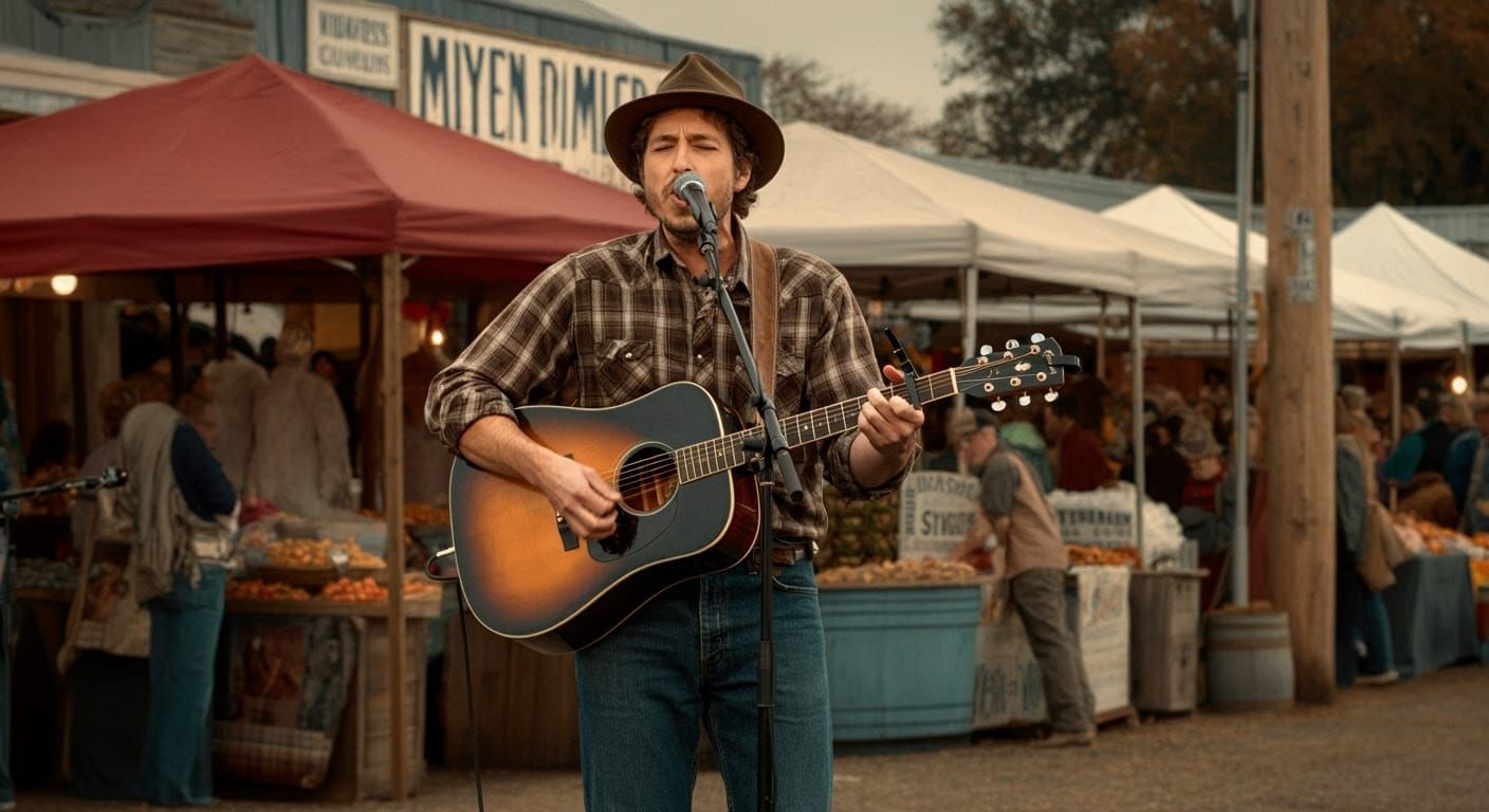 Rustic Folk Singer Performs on Vibrant Market Stage