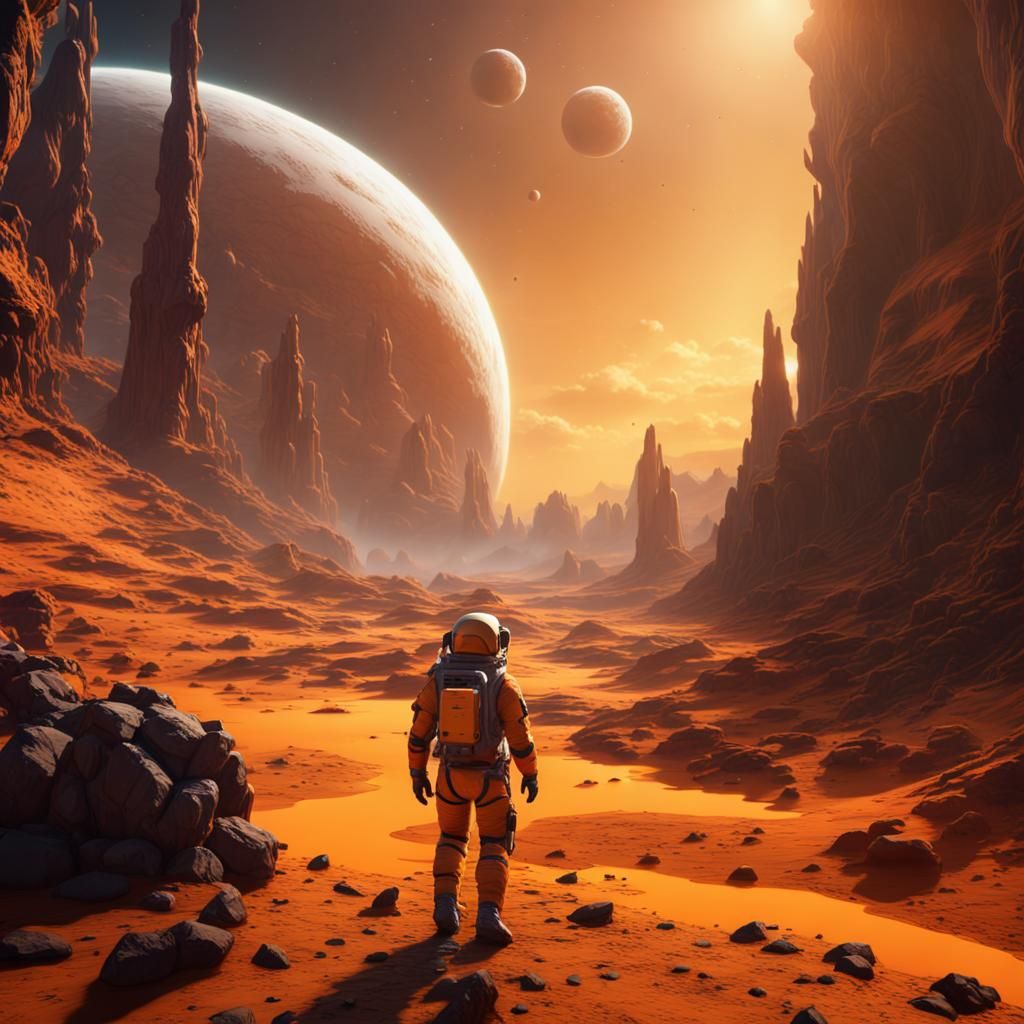 Astronaut Explores Exotic Planet Valley: Matte Painting