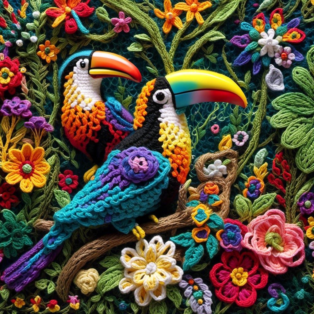 Crochet Toucans in Lush Jungle