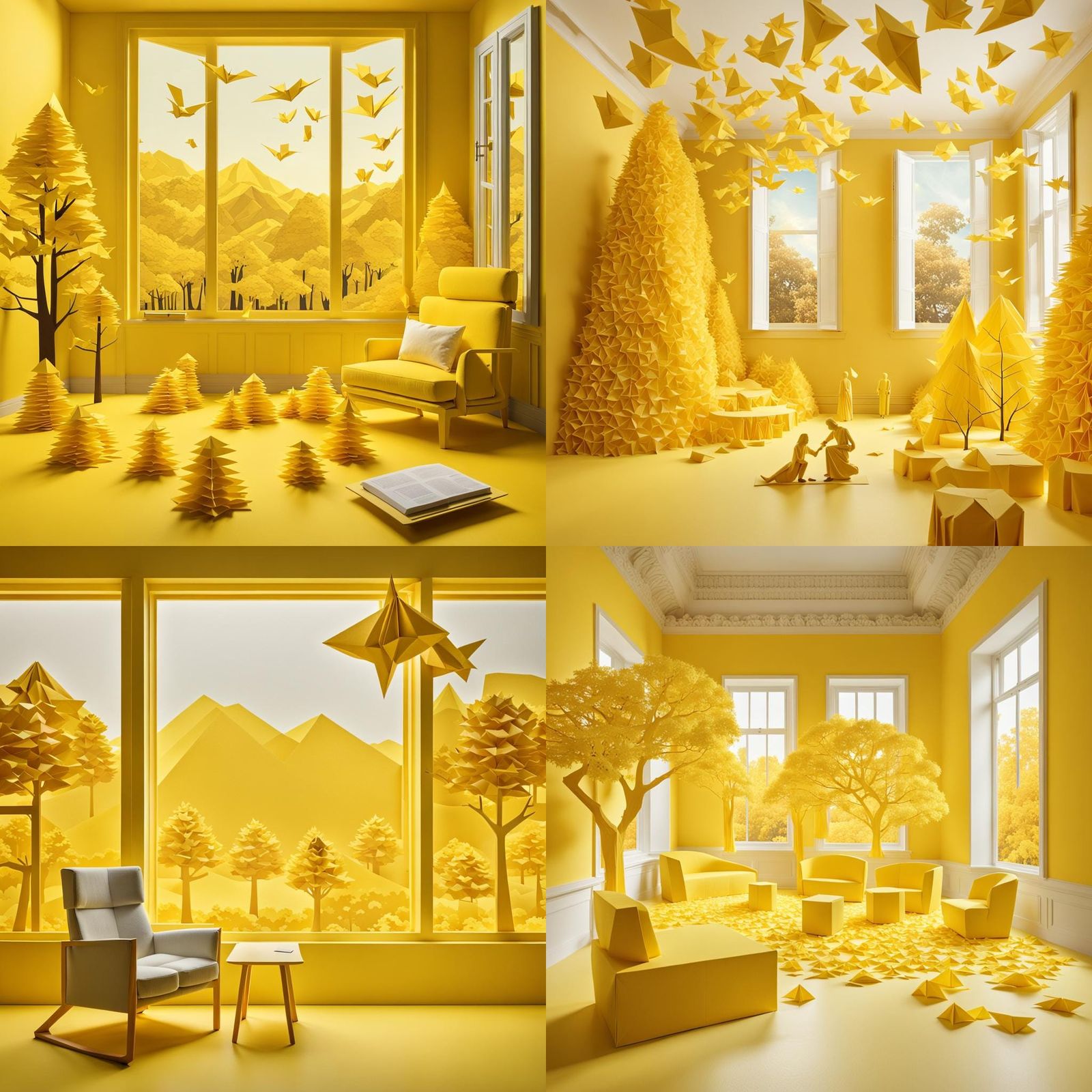 Striking Origami Scene with Yellow Paper Figures