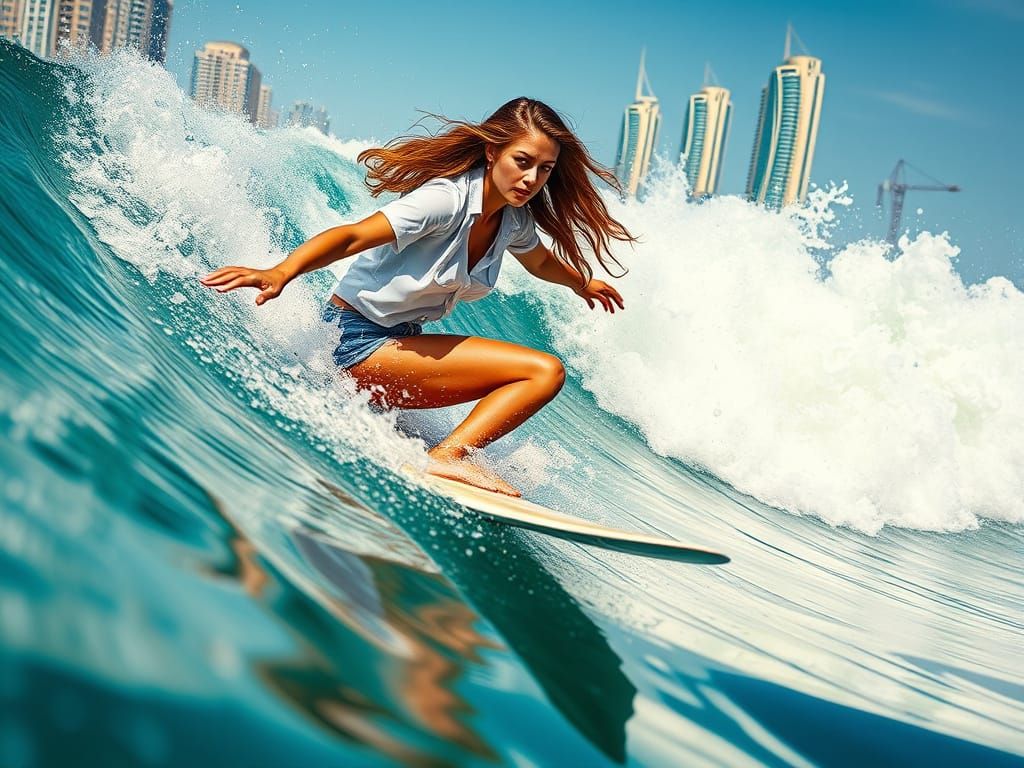Woman Surfing Mirrored Ocean Wave in Hyperrealistic Style