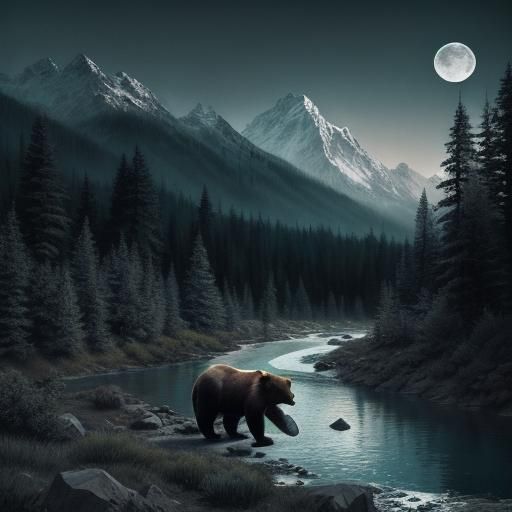 Grizzly Bear and Eagles in Wild, Hyperrealistic