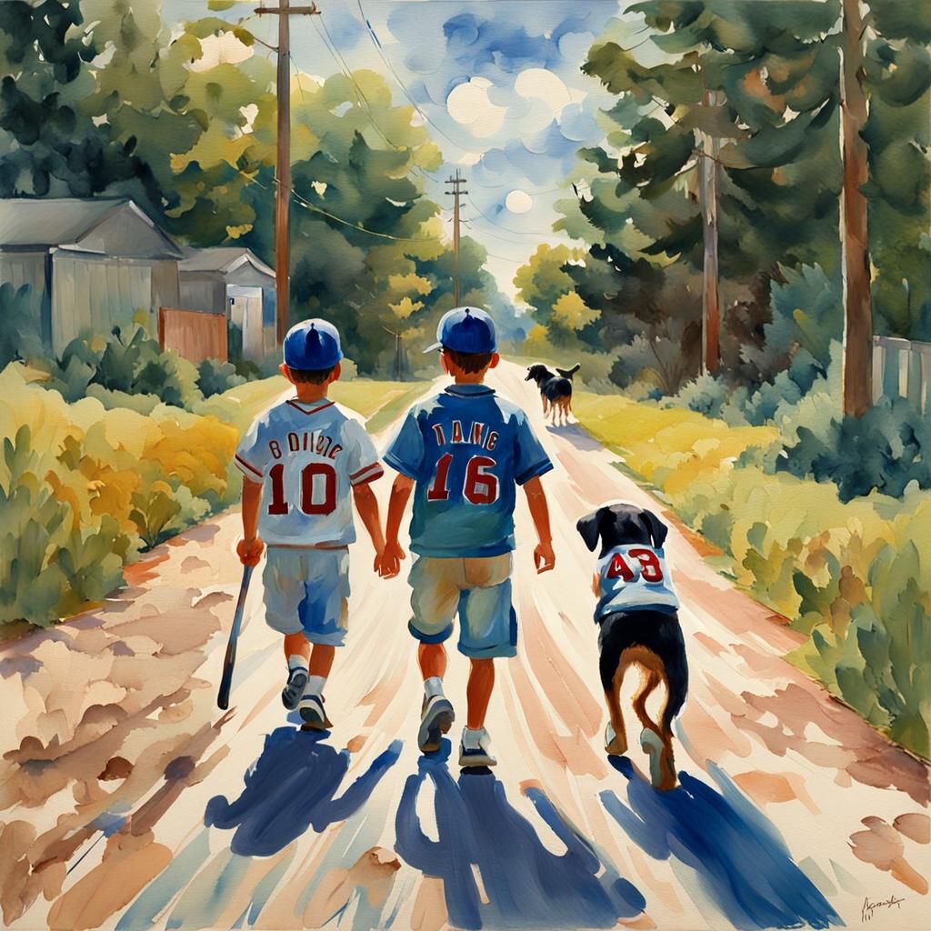 Boys and Dogs in Gouache Impressionist Style