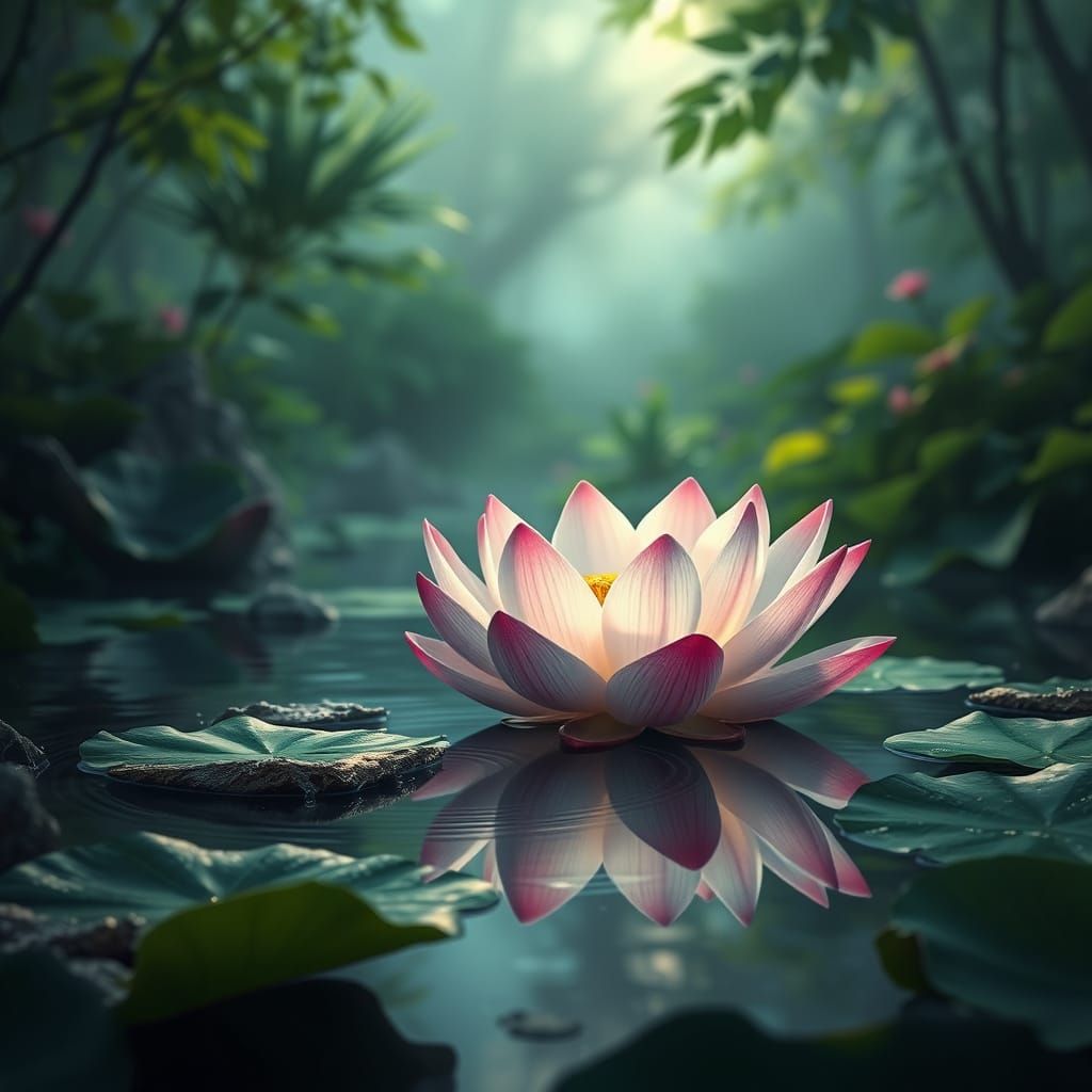 Lotus Blooms in Ethereal Digital Landscape