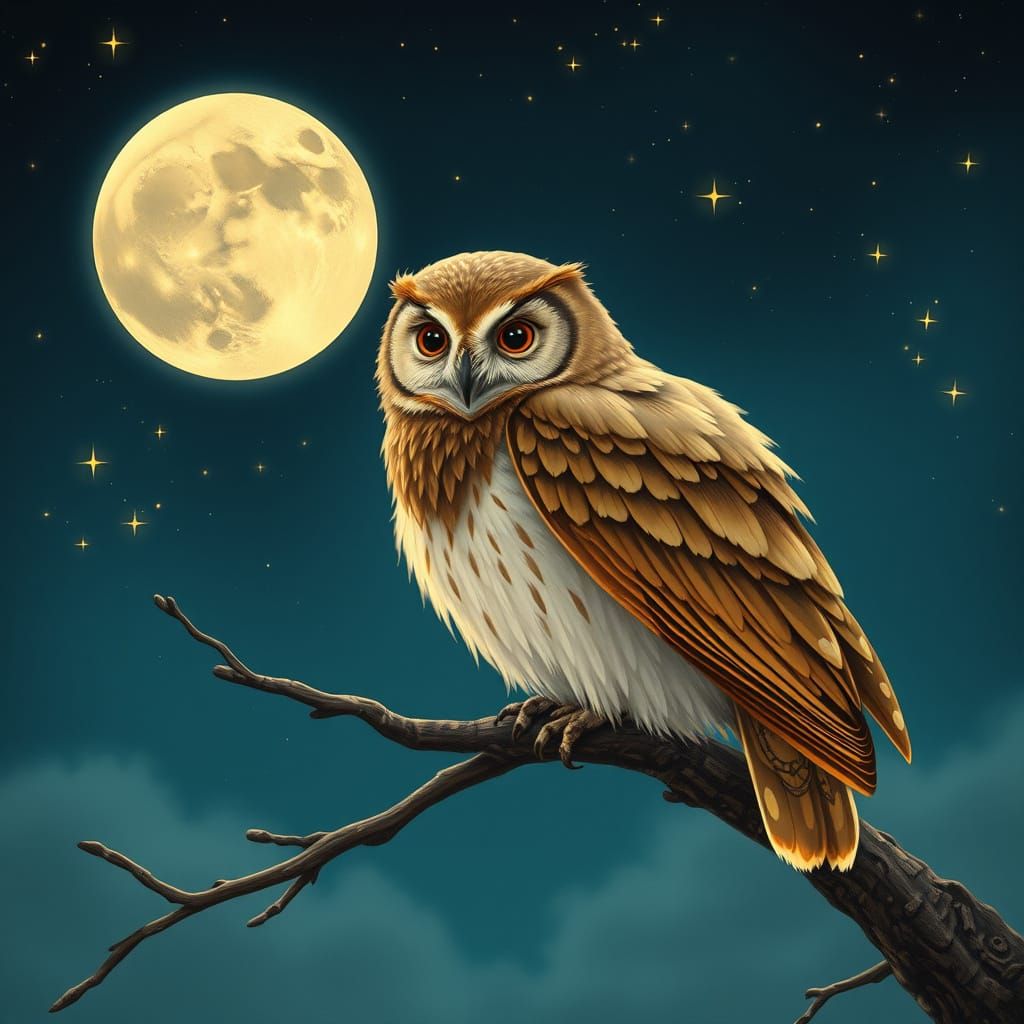 Ethereal Owl Perched Under Moonlight, Art Nouveau Style