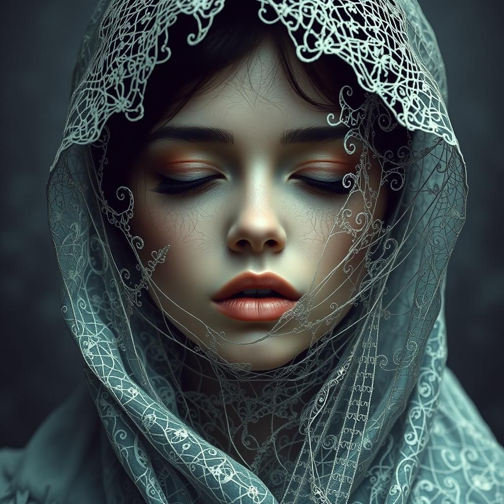 Surreal Figure in Fractured Filigree Dreamscape