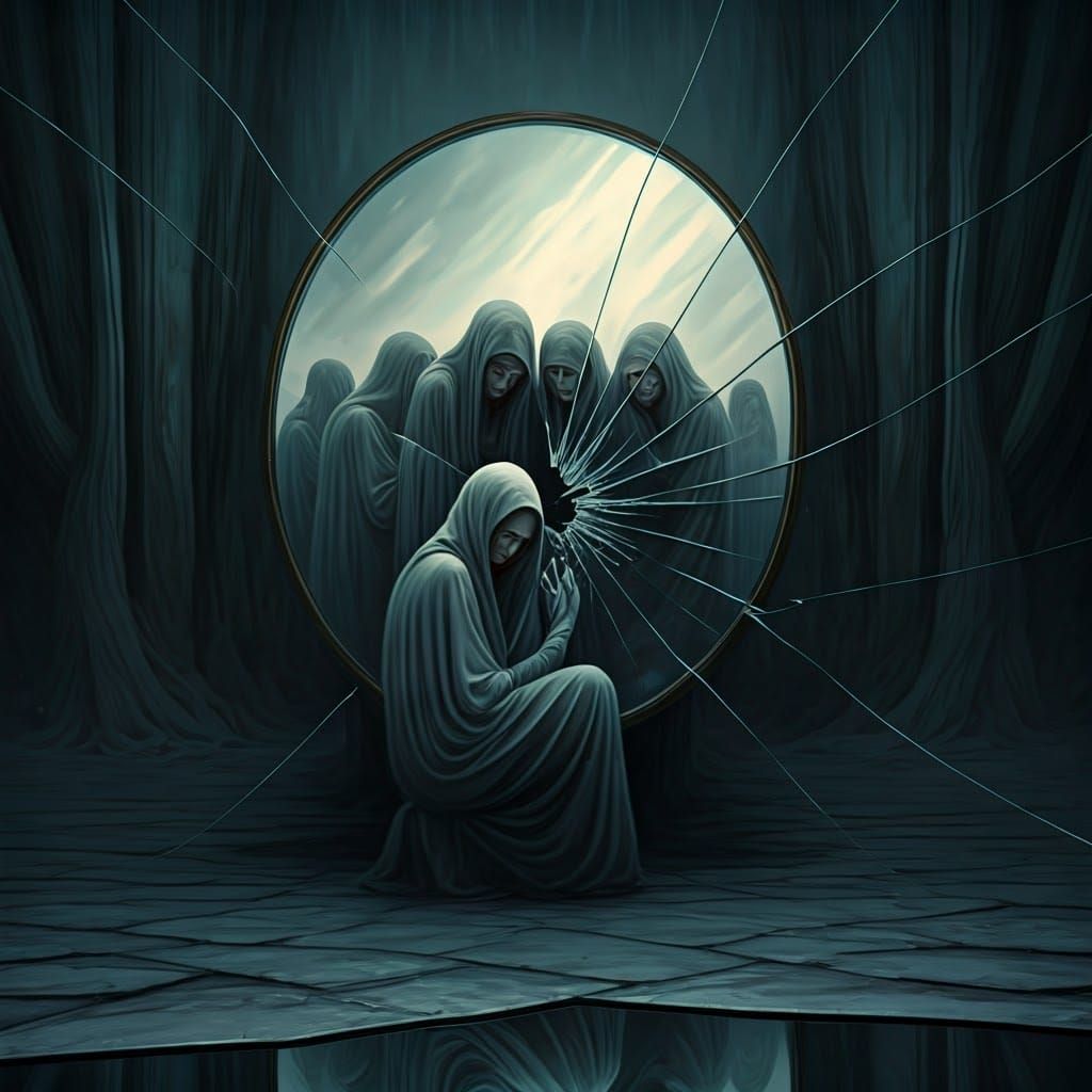 Distorted Reality in a Broken Mirror, Grey Figures in Twilig...