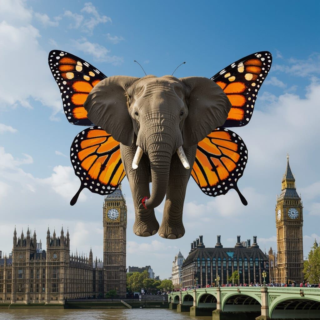 Elephant with Butterfly Wings Flying Over London