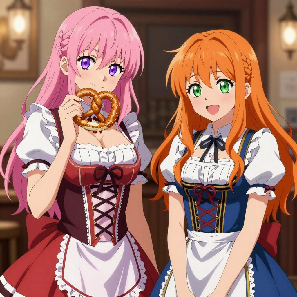 Anime Style: Pink & Orange Haired Women Enjoying Pretzels