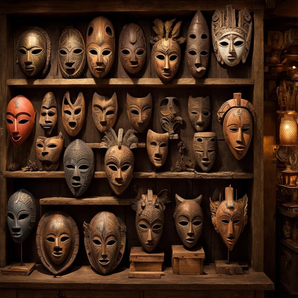 African Masks in Antique Shop Display