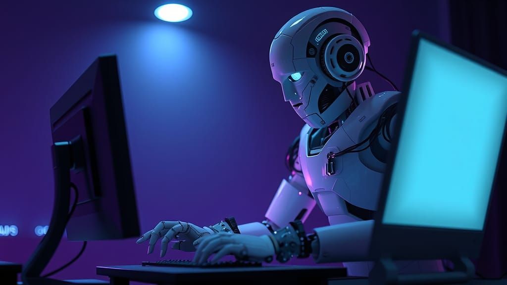 White Plastic Robot Typing on Computer Monitor in Moody Atmo...