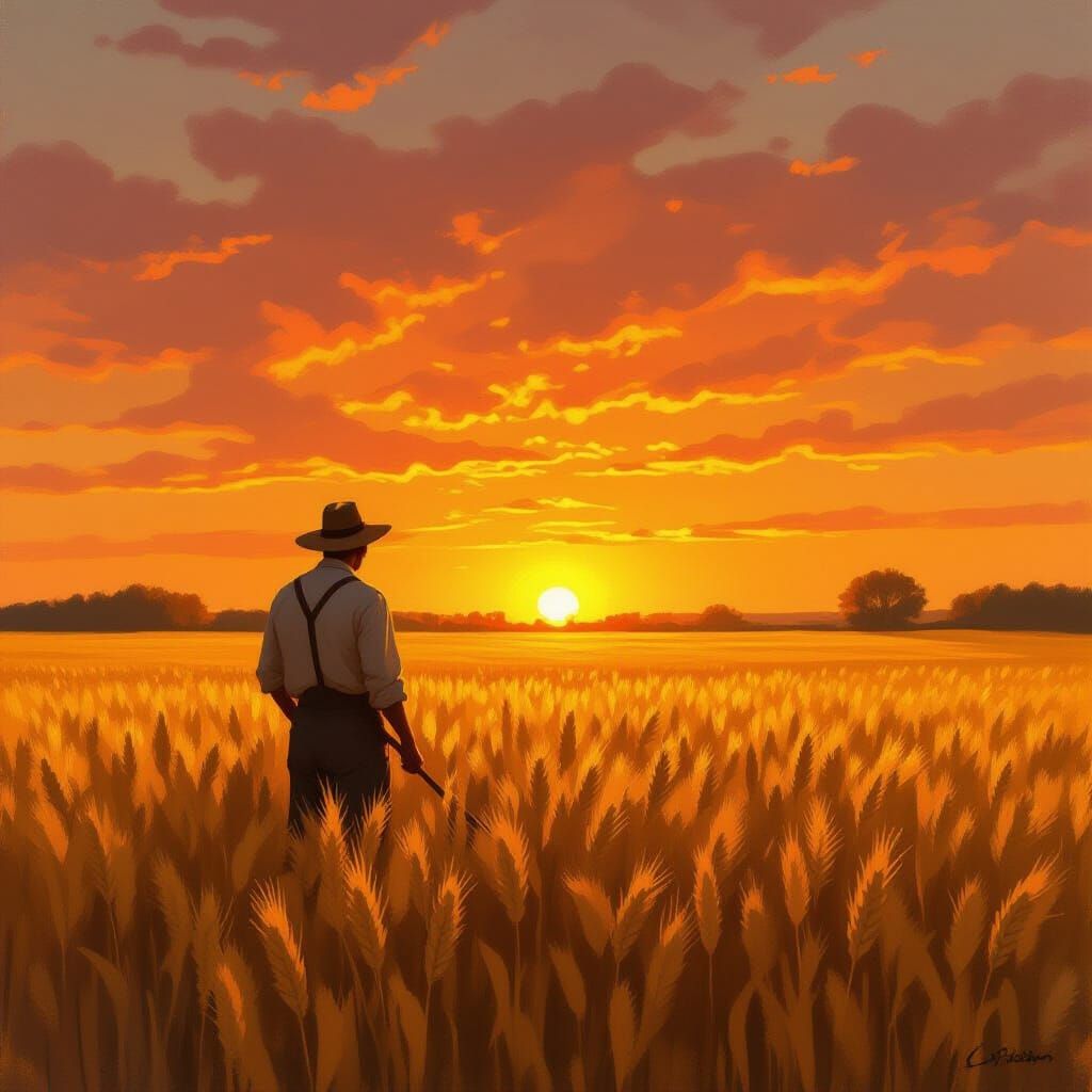 Farmer in Golden Wheat Field at Sunset Oil Painting