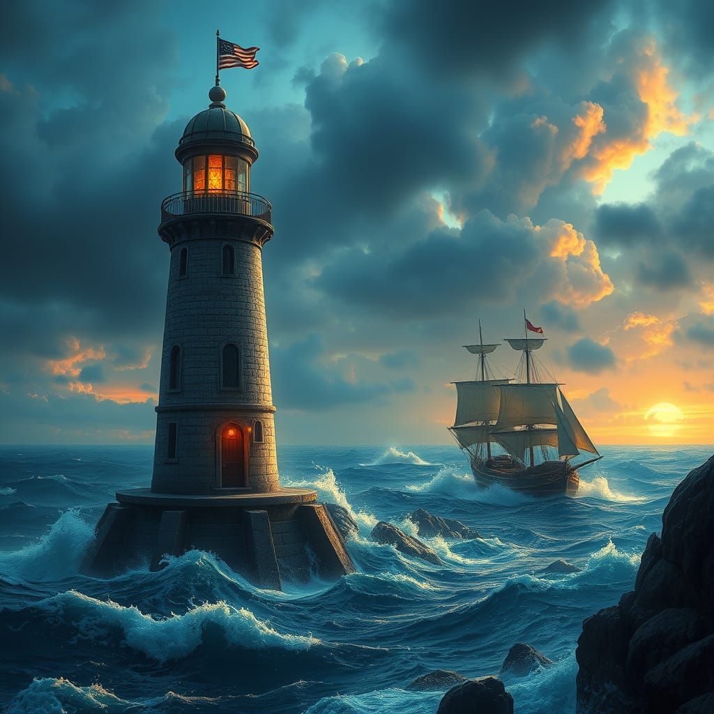 Alexandrian Lighthouse in Vivid Stormy Seas
