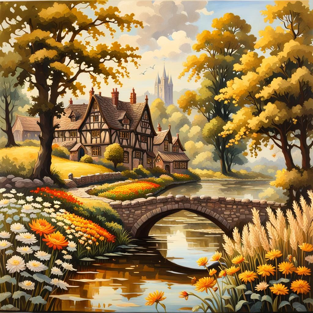 Idyllic English Village with Chrysanthemums: Impressionist O...