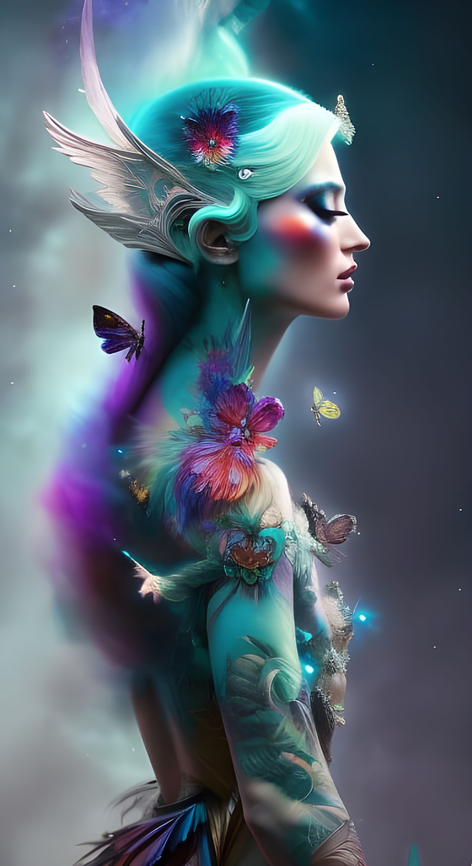 Bioluminescent Galaxy Woman with Wings, Fantasycore Art