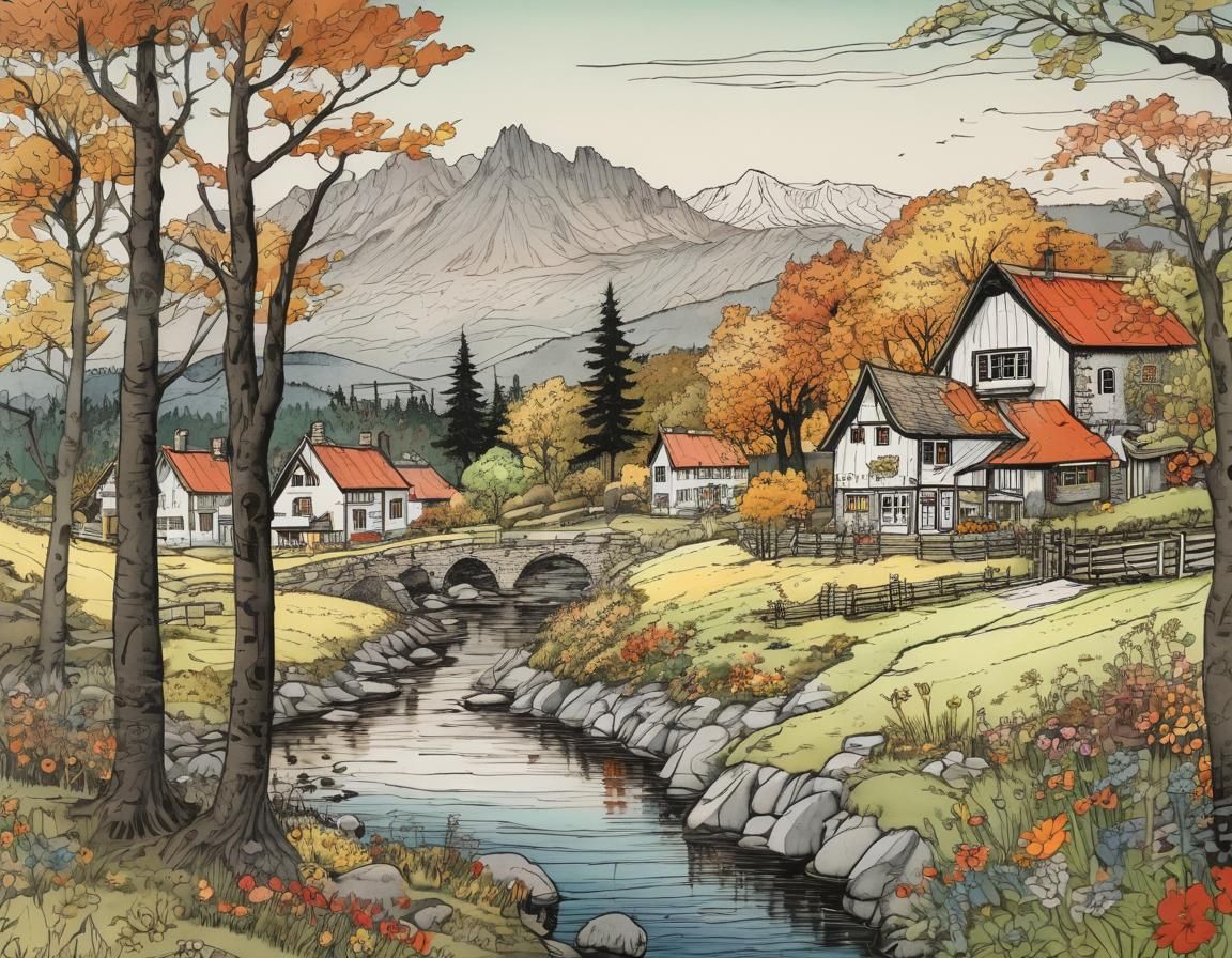 Idyllic Pen and Ink Scene in Warm Colors