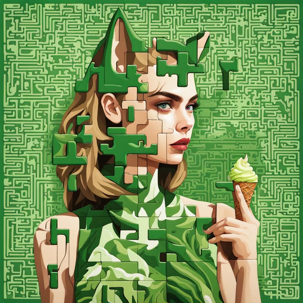 Green Geometric Puzzle Featuring Carved Cara Delevingne