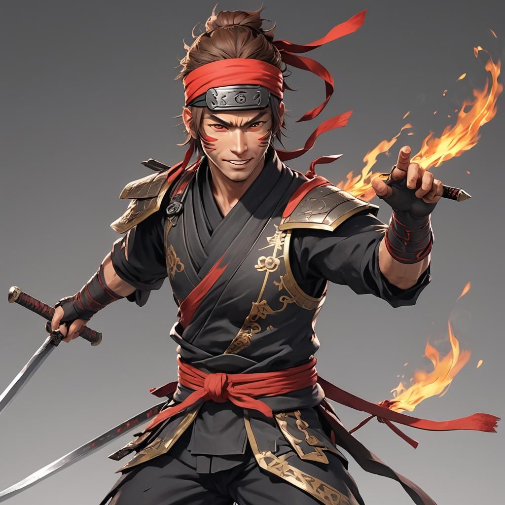 Grinning Red Ninja in Ancient Japanese Dojo: 3D Anime Art