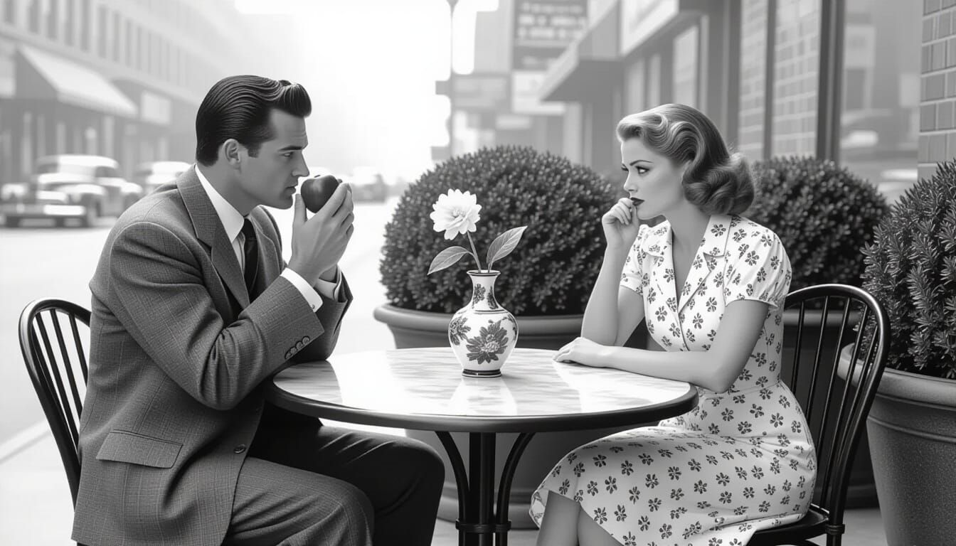 Film Noir Scene: Man, Woman, and Wilting Flower