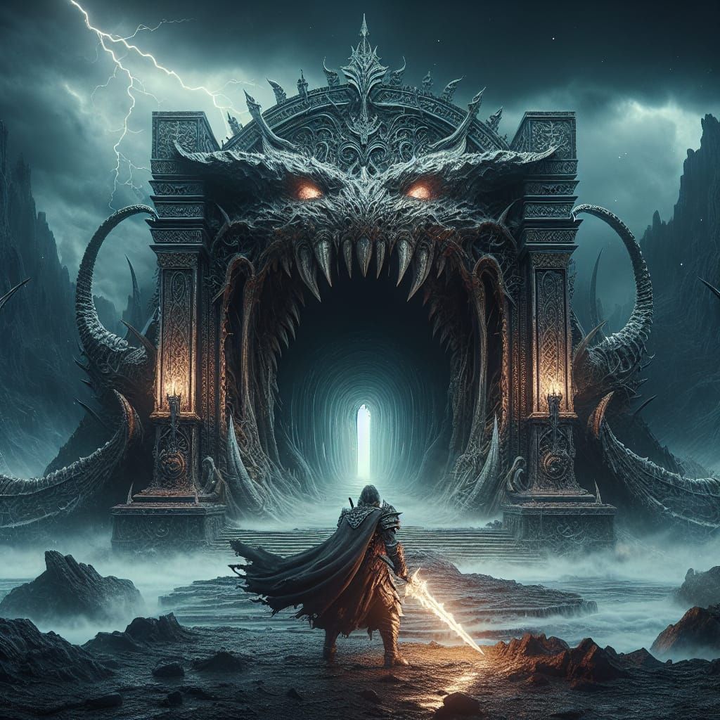 Warrior at Dragon's Maw: Dark Fantasy Illustration