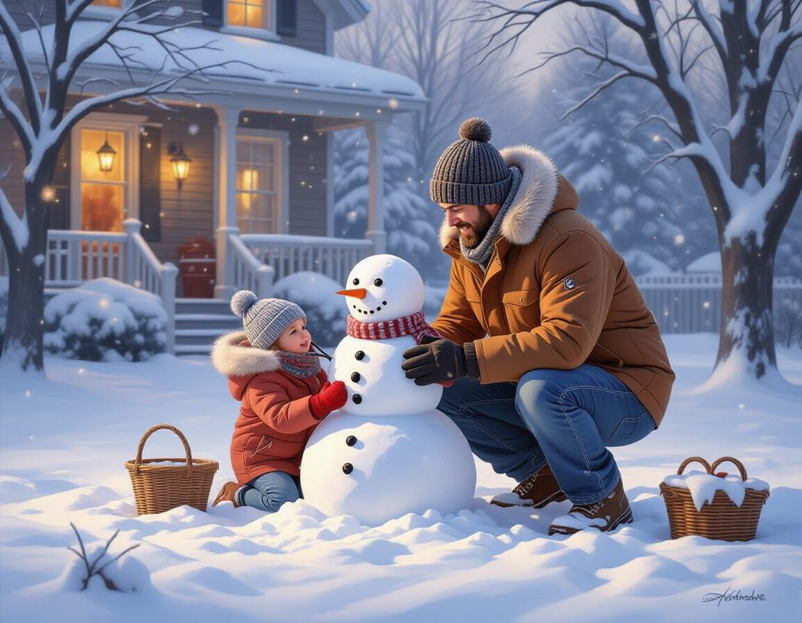 Father and Child Build Snowman in Winter Wonderland