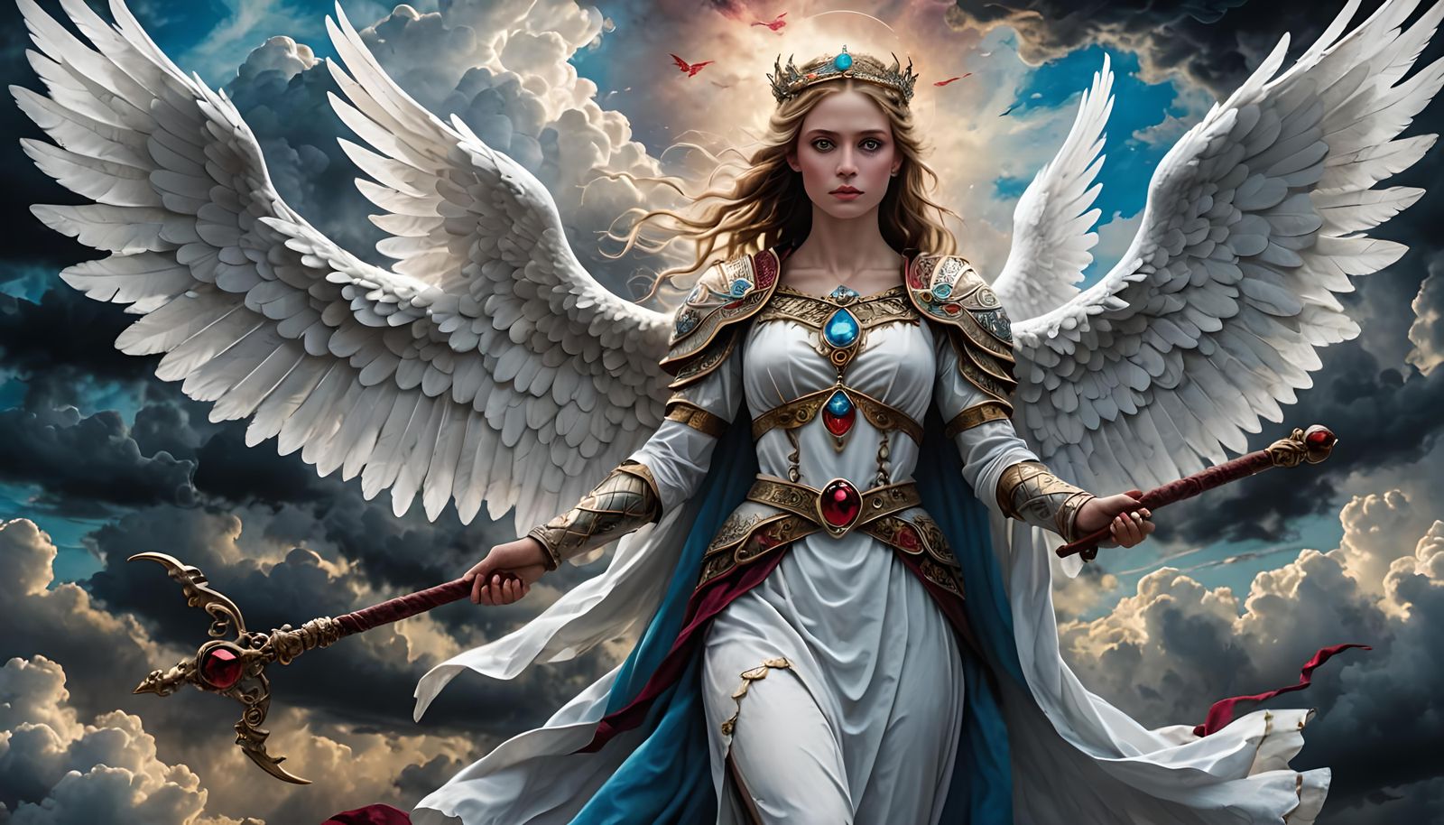 Angelic Being with Ruby Staff Floating in Clouds