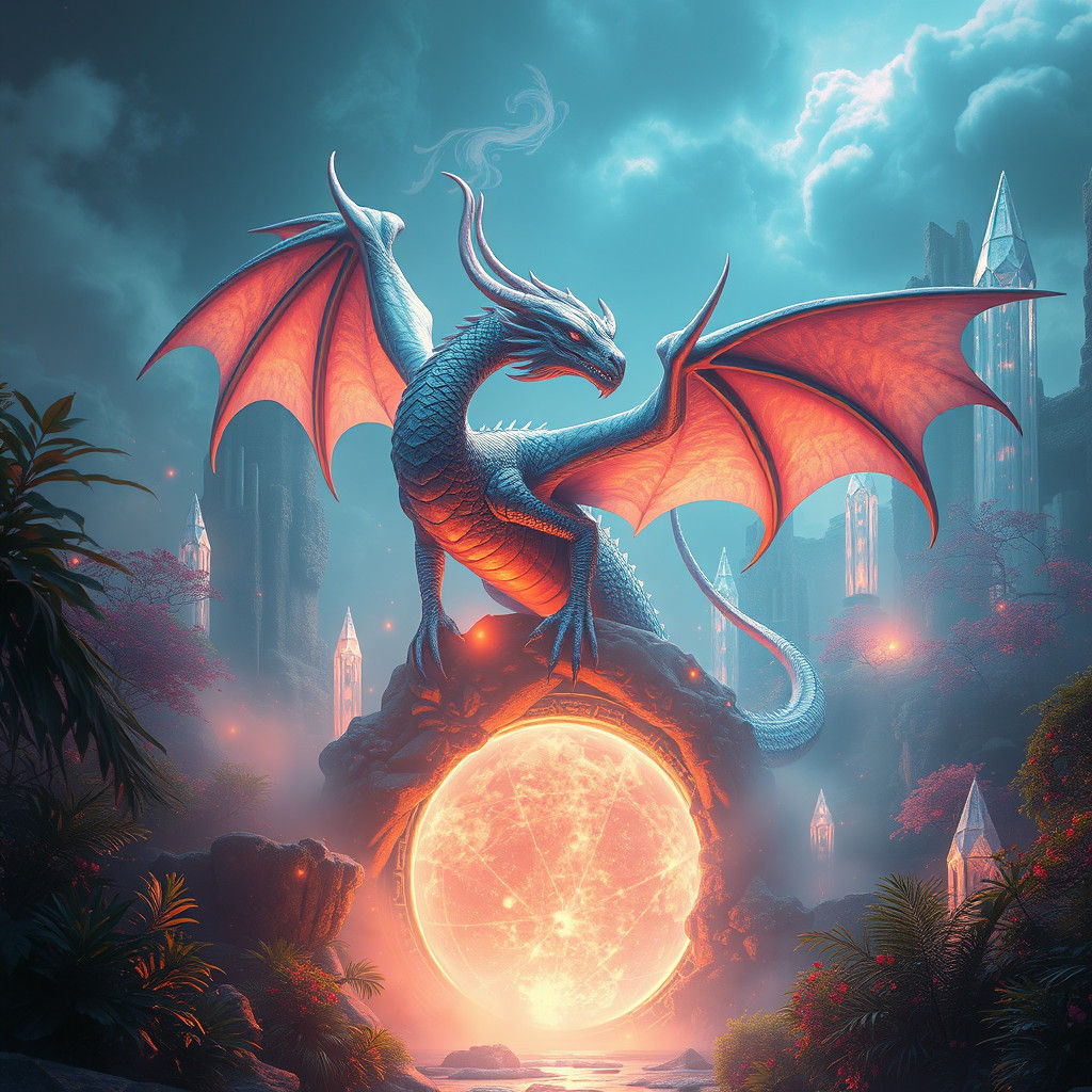 Ethereal Dragon on Mystical Portal in Matte Painting Style