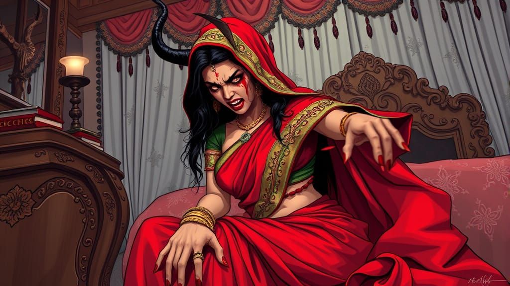 Mystical Indian Dayan Witch in Crimson Saree with Sharp Fang...