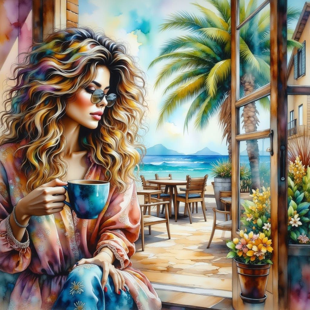 Beach Cafe Scene with Woman Holding Coffee, Watercolor Style