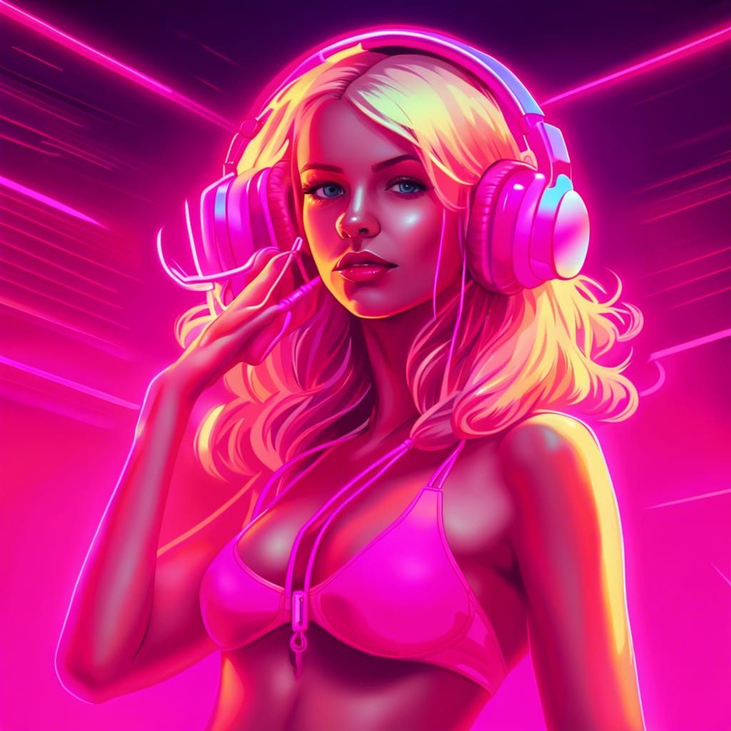 Blonde Girl with Pink Headphones in Synthwave Style